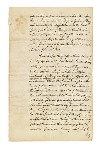 (AMERICAN REVOLUTION.) Tryon, William. Proclamation ordering the arrest of Ethan Allen and other leaders of the Green Mountain Boys.